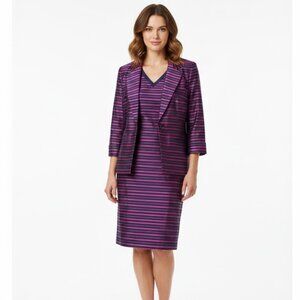 Talbots Size 14 Purple Navy Striped Sheath Dress & Blazer Suit Set 2pc Career